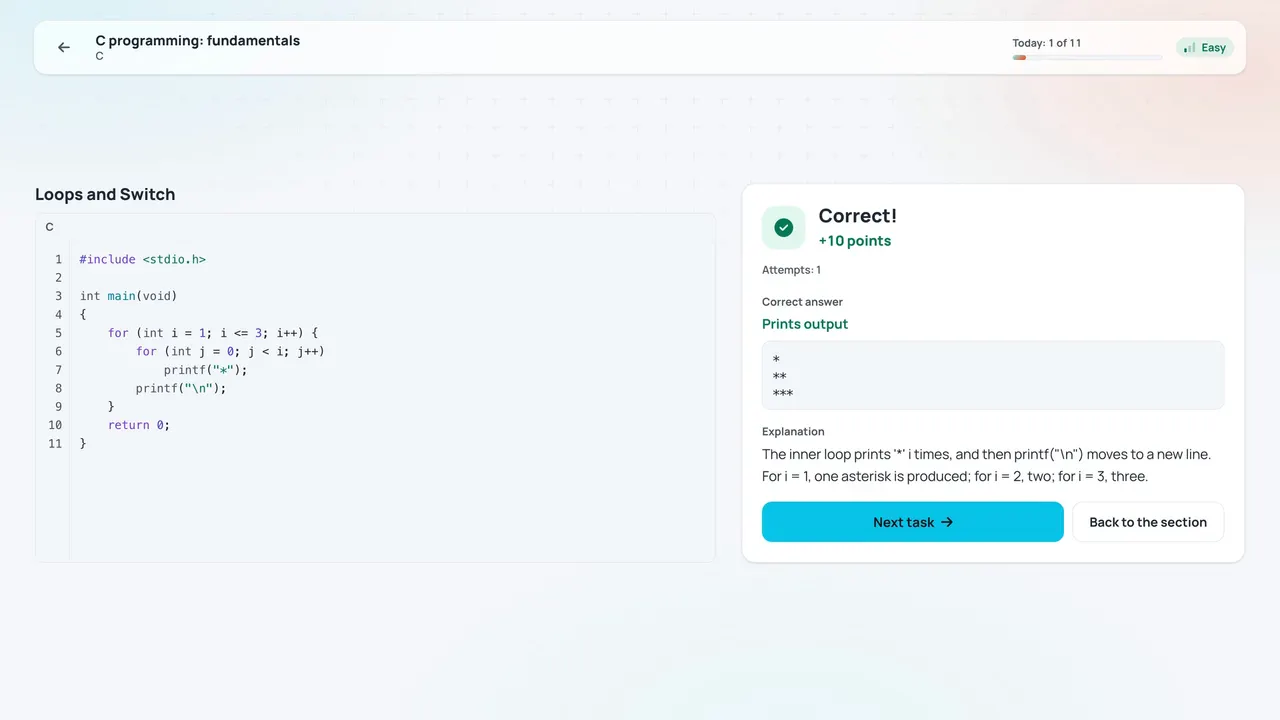 Ուսանողը լուծում է Code Quiz-ի առաջադրանքը և ստանում միավորներ